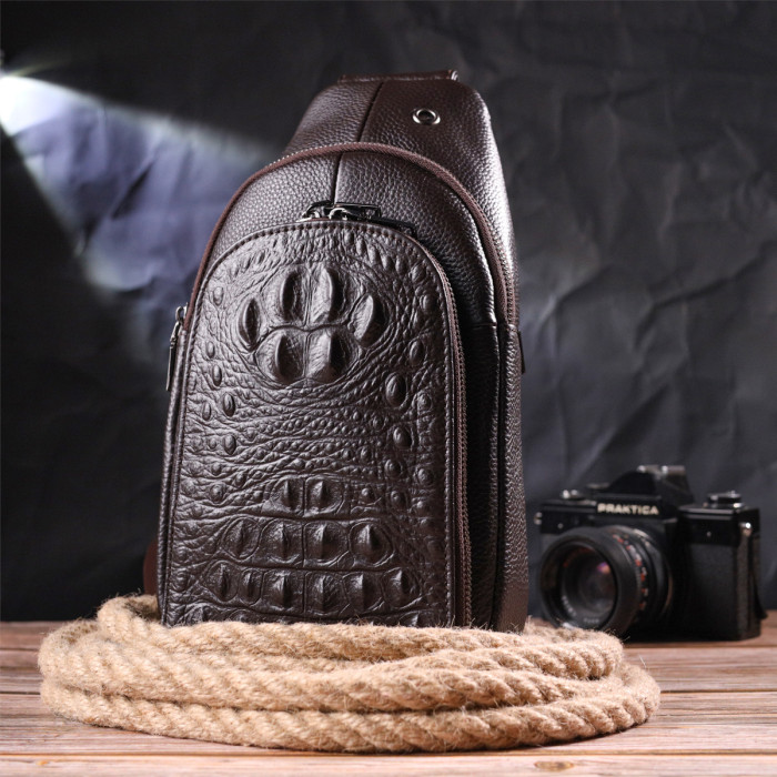 Сумка слінг чоловіча з натуральної фактурної шкіри 185252 Vintage Коричневий