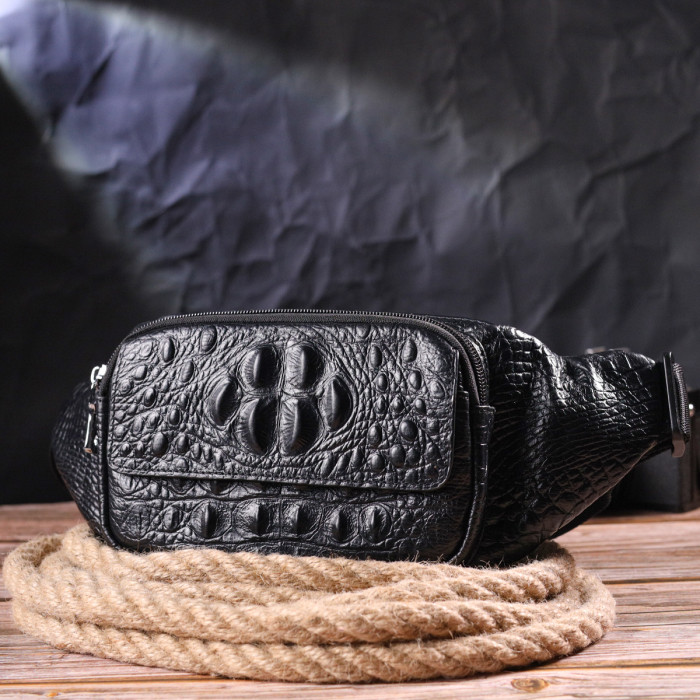 Стильна поясна сумка з натуральної шкіри з фактурою під крокодила 185236 Vintage Чорна