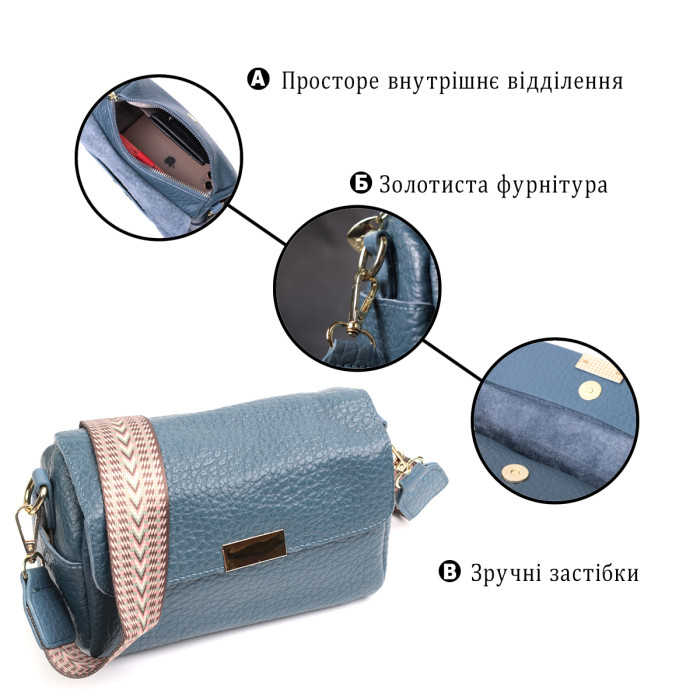 Відмінна шкіряна сумка з оригінальною плечовою лямкою Vintage 22402 Синя