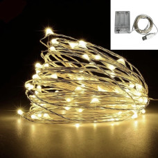 Гирлянда Роса 5м, проволка на батарейках+ USB: 50 LED , Теплый белый