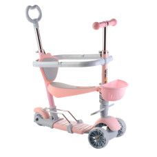 Трехколесный детский самокат Scooter 5 в 1 "Розовый" с сиденьем, бортиком, родительской ручкой и корзинкой 1+