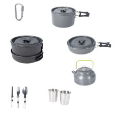 Алюминиевый кемпинговый набор посуды DS-308 (кастрюля, сковорода, чайник и столовые приборы)