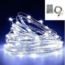 Гирлянда Роса 20м, проволка на батарейках+ USB: 200 LED , Холодный белый