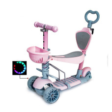 Трехколесный детский самокат Scooter 5 в 1 "Розовый" с сиденьем, родительской ручкой и корзинкой 1+
