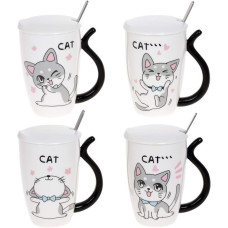 Кружка фарфоровая "Funny Cats" 380мл с крышкой и ложкой, 4 дизайна