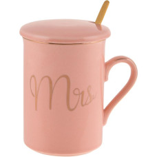 Кружка порцелянова Coffee Prelude "Mrs" 380мл з кришкою та ложкою, рожева