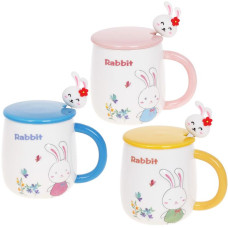 Кружка фарфоровая "Rabbit" 430мл с крышкой и ложкой, 3 дизайна